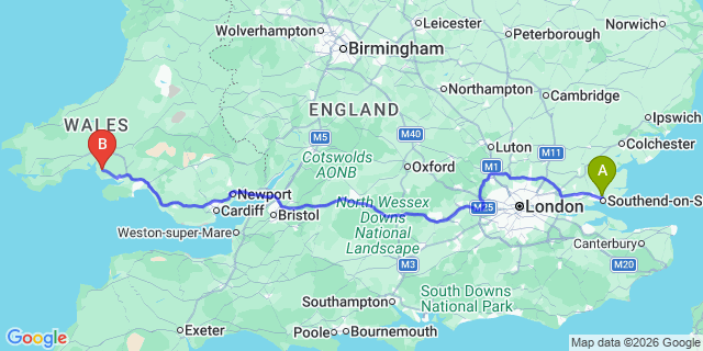 Map: London Southend Airport (SEN) to Kidwelly