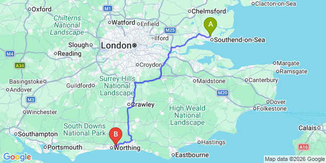 Map: London Southend Airport (SEN) to Lancing