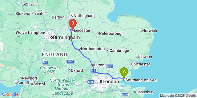 Map: London Southend Airport (SEN) to Leicester