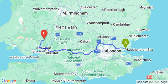 Map: London Southend Airport (SEN) to Monmouth