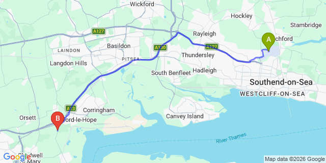 Map: London Southend Airport (SEN) to Newmarket