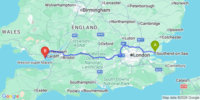 Map: London Southend Airport (SEN) to Penarth