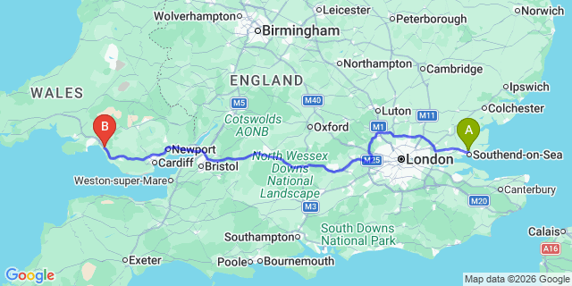 Map: London Southend Airport (SEN) to Port Talbot