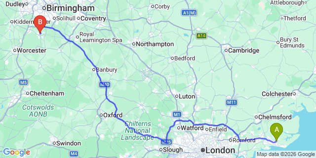 Map: London Southend Airport (SEN) to Redditch