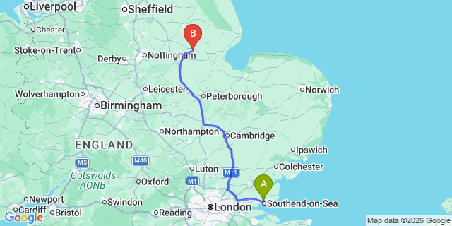 Map: London Southend Airport (SEN) to Sleaford