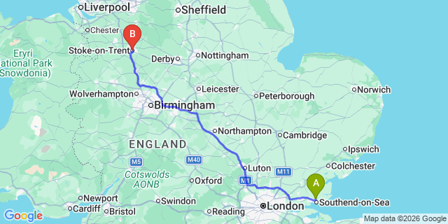 Map: London Southend Airport (SEN) to Stoke-On-Trent
