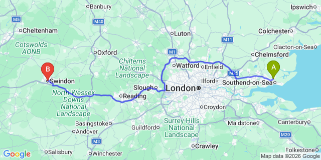 Map: London Southend Airport (SEN) to Swindon