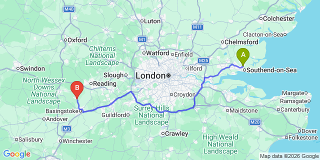 Map: London Southend Airport (SEN) to Tadley