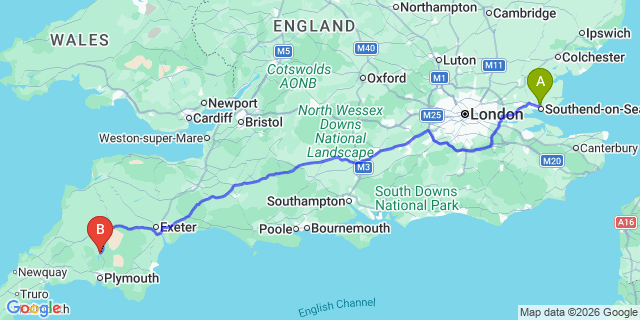 Map: London Southend Airport (SEN) to Tavistock