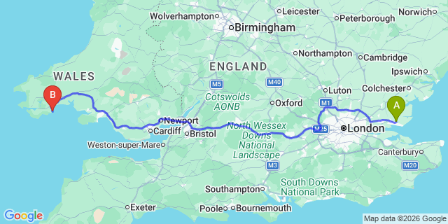 Map: London Southend Airport (SEN) to Tenby