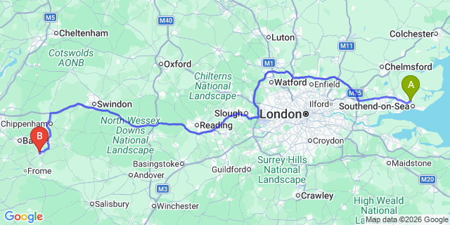 Map: London Southend Airport (SEN) to Trowbridge