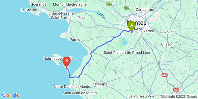 Map: Nantes Airport (NTE) to Barbatre