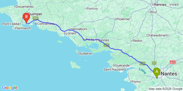 Map: Nantes Airport (NTE) to Benodet