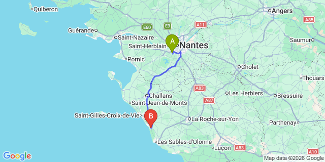 Map: Nantes Airport (NTE) to Brem-sur-Mer