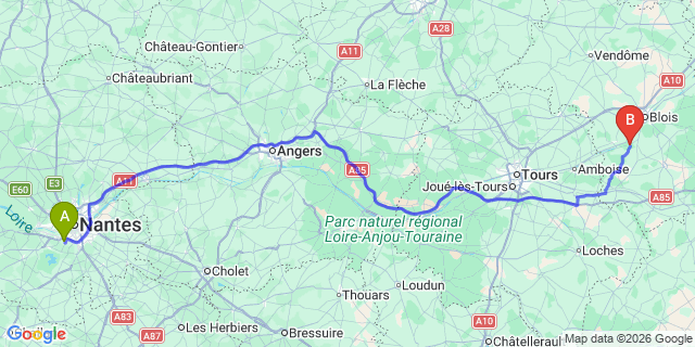 Map: Nantes Airport (NTE) to Camping La Grande Tortue (41120 Cande sur Beuvron)