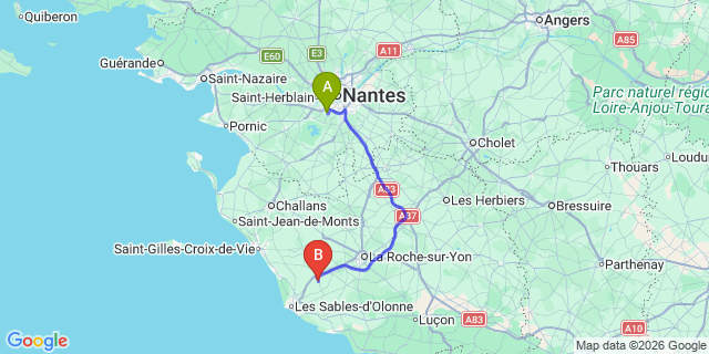 Map: Nantes Airport (NTE) to La Chapelle-Achard