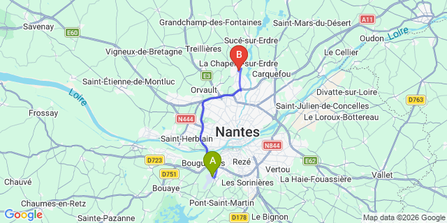 Map: Nantes Airport (NTE) to La-Chapelle-sur-Erdre