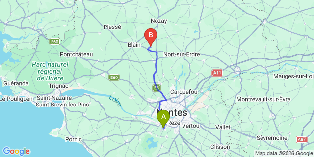 Map: Nantes Airport (NTE) to La Chevallerais