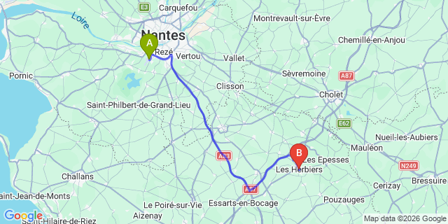 Map: Nantes Airport (NTE) to Les Herbiers