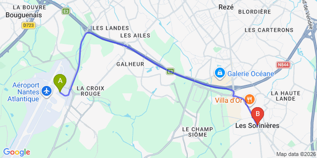 Map: Nantes Airport (NTE) to Les Sorinieres