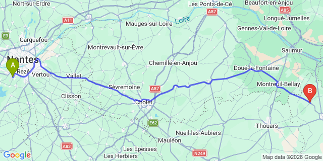 Map: Nantes Airport (NTE) to Les Trois-Moutiers