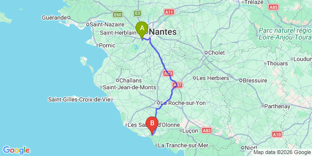 Map: Nantes Airport (NTE) to Longeville-sur-Mer