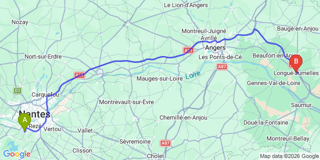Map: Nantes Airport (NTE) to Longue-Jumelles