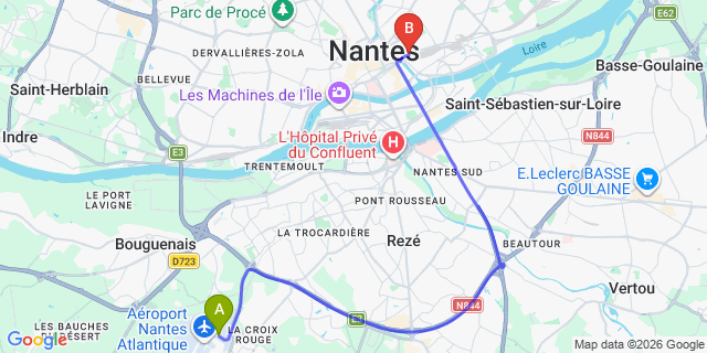 Map: Nantes Airport (NTE) to Nantes train station