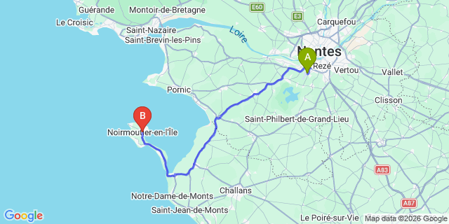 Map: Nantes Airport (NTE) to Noirmoutier-en-llle