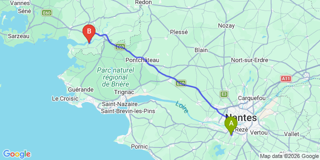 Map: Nantes Airport (NTE) to Port dArzal