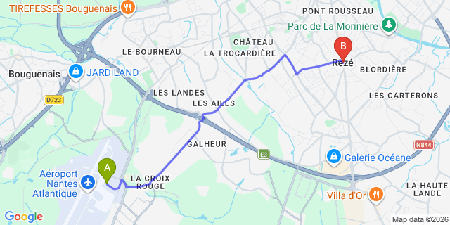 Map: Nantes Airport (NTE) to Reze