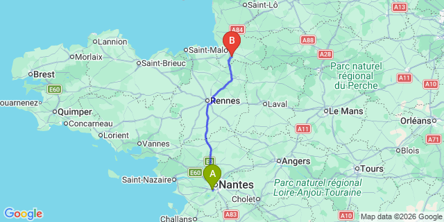 Map: Nantes Airport (NTE) to Saint-Aubin-de-Terregatte