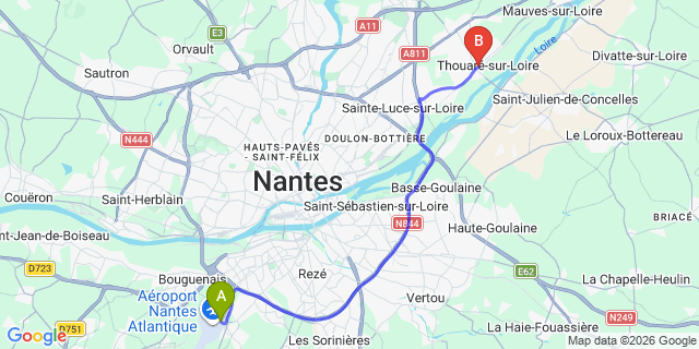 Map: Nantes Airport (NTE) to Thouare-sur-Loire