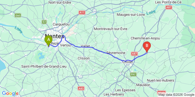 Map: Nantes Airport (NTE) to Vezins