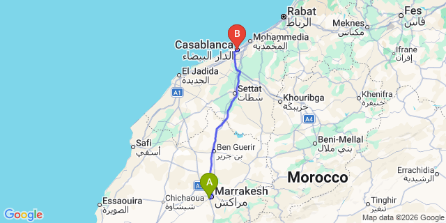 Map: Marrakech Airport (RAK) to Casablanca