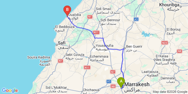 Map: Marrakech Airport (RAK) to Oualidia