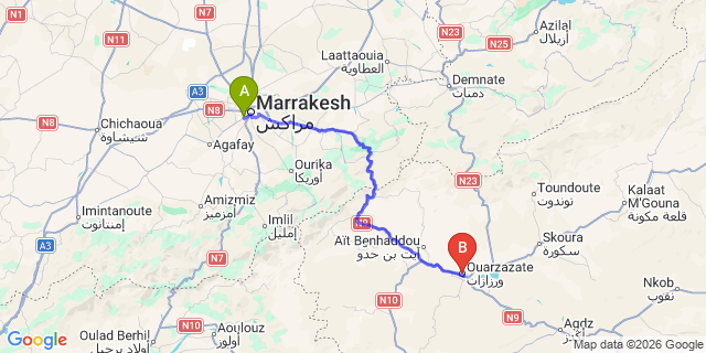 Map: Marrakech Airport (RAK) to Ouarzazate