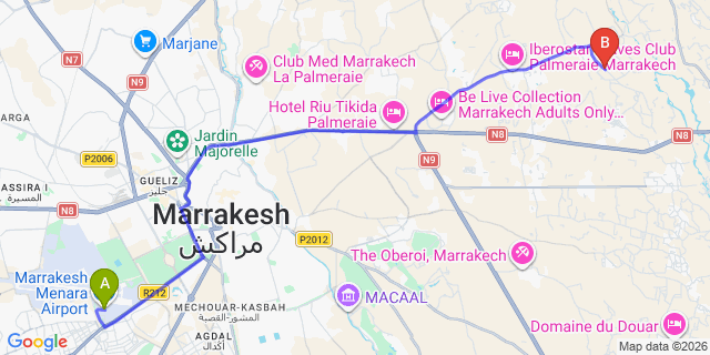 Map: Marrakech Airport (RAK) to Palais Namaskar