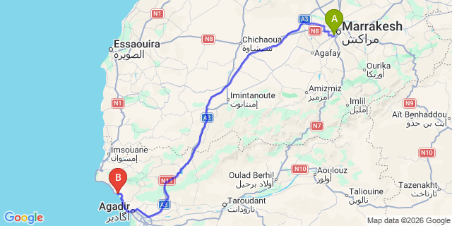 Map: Marrakech Airport (RAK) to Taghazout