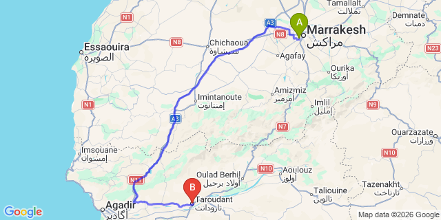 Map: Marrakech Airport (RAK) to Taroudant