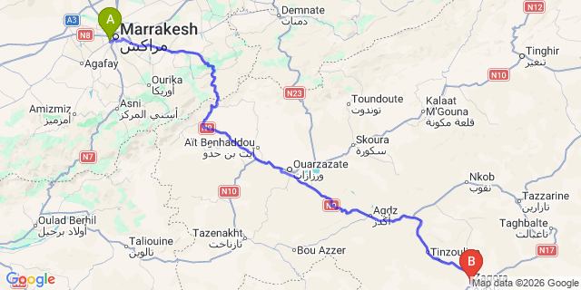 Map: Marrakech Airport (RAK) to Zagora