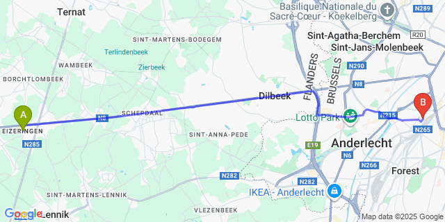 Map: Brussels Midi Train Station to Eizeringen