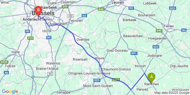 Map: Brussels Midi Train Station to Geest-Gerompont-Petit-Rosiere