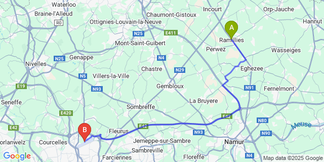 Map: Charleroi Airport Brussels South (CRL) to Geest-Gerompont-Petit-Rosiere