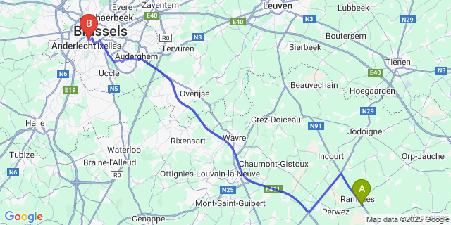 Map: Brussels Midi Train Station to Grand-Rosiere-Hottomont