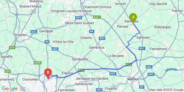 Map: Charleroi Airport Brussels South (CRL) to Grand-Rosiere-Hottomont