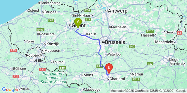 Map: Charleroi Airport Brussels South (CRL) to Overschelde