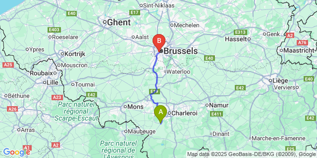 Map: Brussels Midi Train Station to Gozée