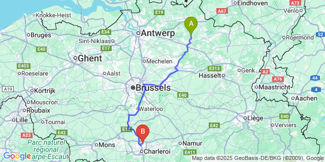 Map: Charleroi Airport Brussels South (CRL) to Ten Aard