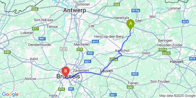Map: Brussels Midi Train Station to Tongerlo